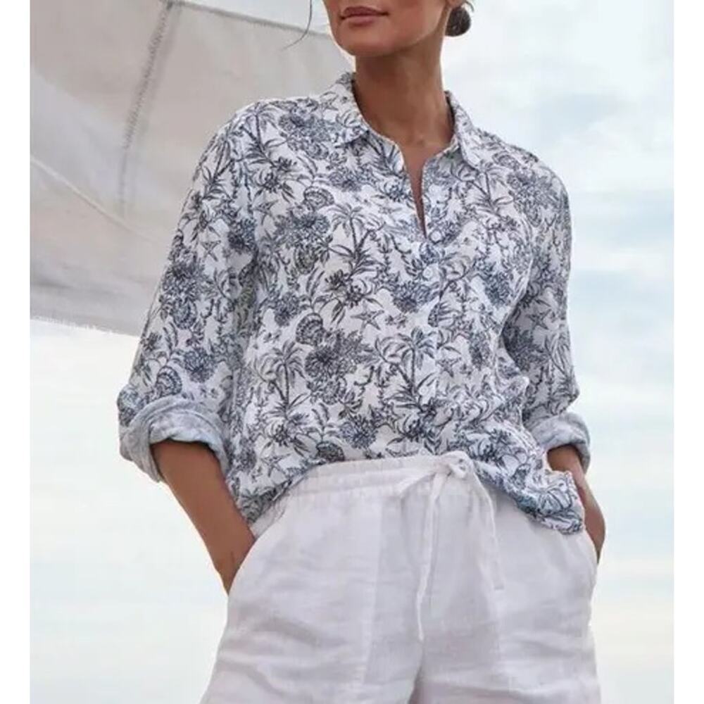 Garnet Hill White Blue Salt Sea Floral Print Linen Button Down Shirt Size 18